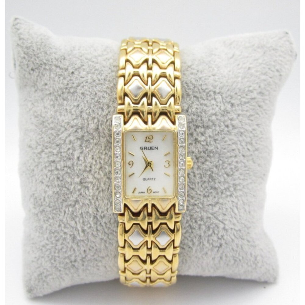 Women Gruen Crystals Quartz WR Analog 17mm Tank Watch (H969) "New Battery"